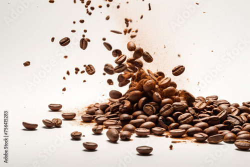 A burst of coffee beans mid-air, almost tangible in the energetic splash against a stark white backdrop.
 photo