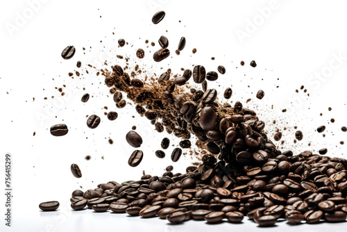 A burst of coffee beans mid-air, almost tangible in the energetic splash against a stark white backdrop. 