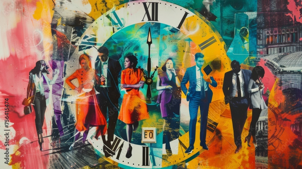Fototapeta premium Diverse Group of People Encircling a Large Clock in an Abstract Art Composition