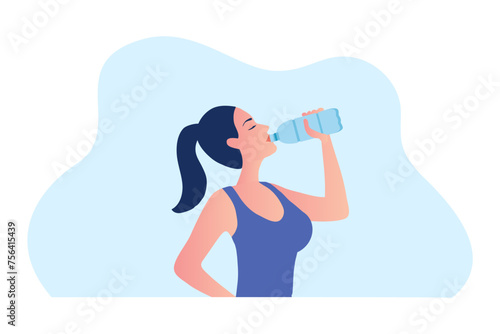 Healthy woman drinking water from plastic bottle vector illustration. Healthy lifestyle concept