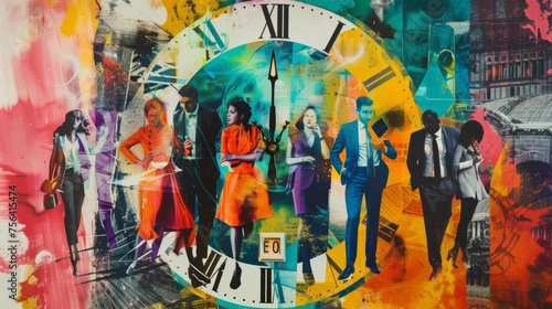 Diverse Group of People Encircling a Large Clock in an Abstract Art Composition