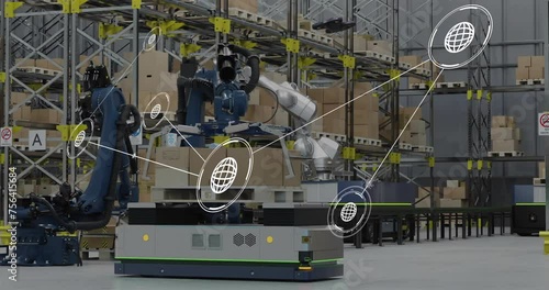 Animation of network of connections with icons over machines working in warehouse photo