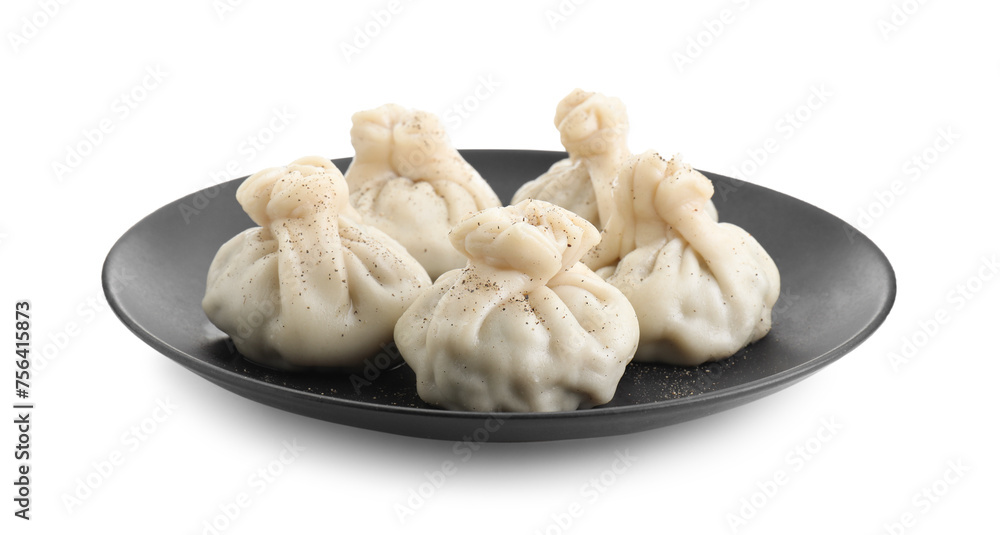 Plate with tasty fresh khinkali (dumplings) and spices isolated on white. Georgian cuisine Plate with tasty fresh khinkali (dumplings) and spices isolated on white. Georgian cuisine