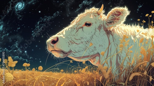 Serene White Cow in Golden Field Under Starry Night Sky