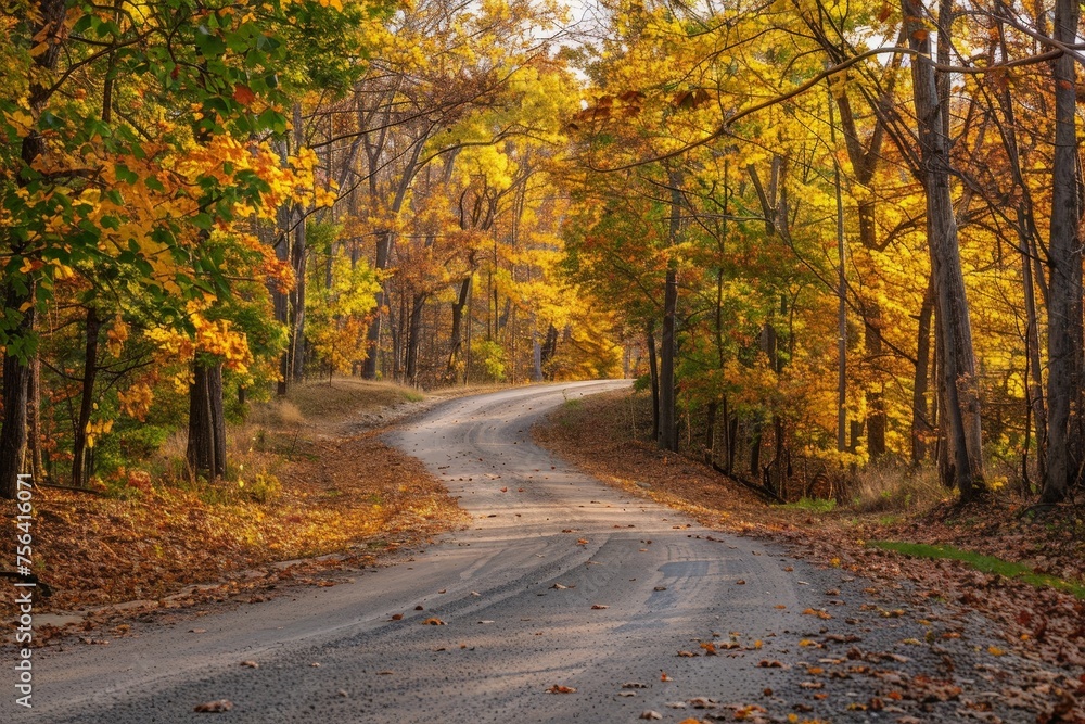 Sunlight through autumn foliage on trees highlighting gold, green, yellow and orange colors over winding country road surrounded by leaves on the ground in rural midwestern