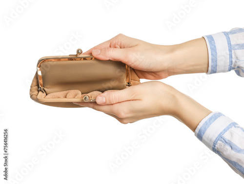 Woman with empty wallet on white background, closeup