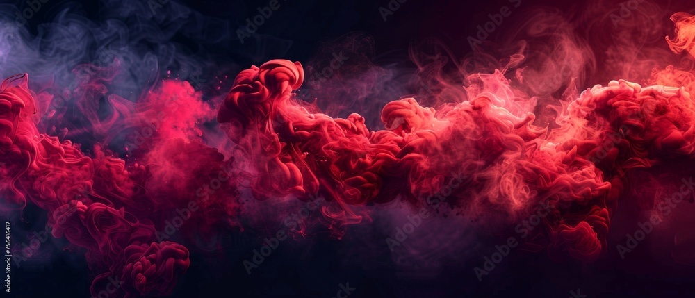 Having a red smoke overlay effect on black background. Modern illustration of abstract hot fire in hell, paint powder thrown in the air, and a spooky Halloween atmosphere design.