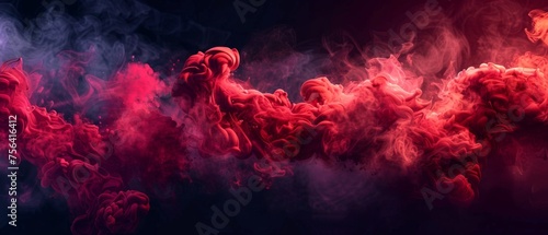 Having a red smoke overlay effect on black background. Modern illustration of abstract hot fire in hell, paint powder thrown in the air, and a spooky Halloween atmosphere design. © Mark