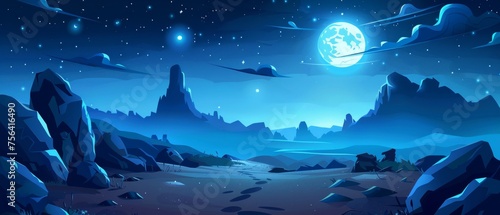 In the dark of dusk, a road leads to rocky hills with a full moon under a starry sky with clouds. Cartoon modern illustration of dark blue dusk scenery with a road and rocks. © Mark