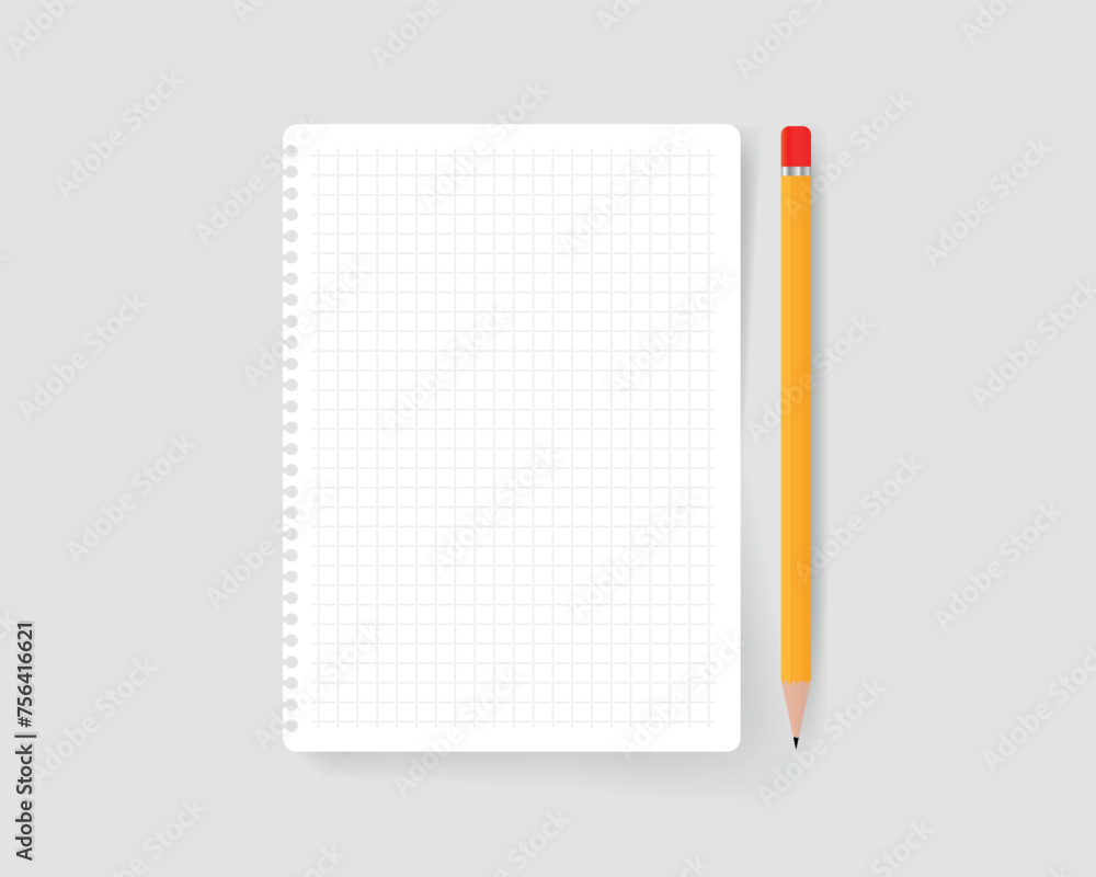 Top view of a blank checkered piece of paper with a pencil on a gray background. notebook or letterhead on a desk. isolated piece of paper with a pencil on a desktop. vector illustration Top view of a blank checkered piece of paper with a pencil on a gray background. notebook or letterhead on a desk. isolated piece of paper with a pencil on a desktop. vector illustration