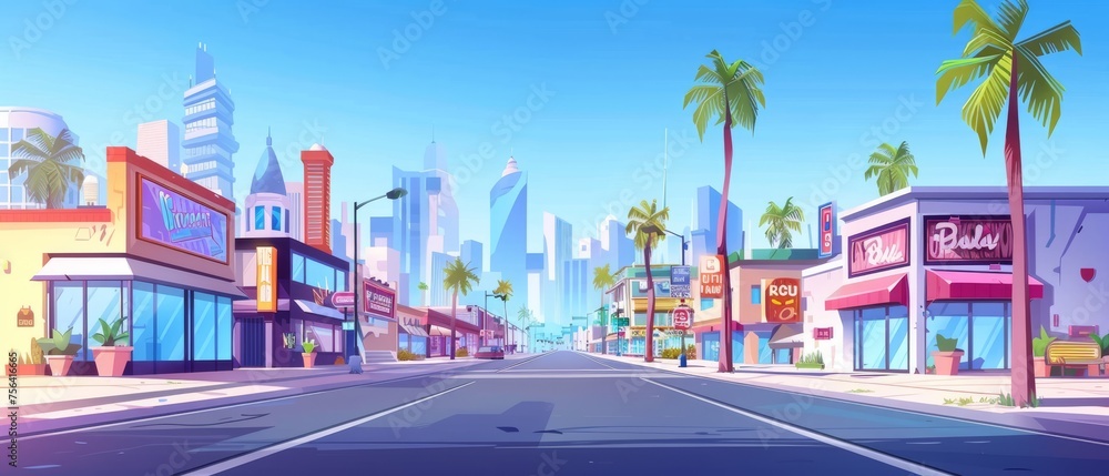 Modern illustration of modern city street with shops and road. Modern illustration of cityscape buildings, supermarket, restaurant, hotel facade and palm trees along roadside.