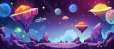 Cartoon videogame universe interface with floating islands, floating star rating, flying spaceship on outer space background with alien planets, and rock platform stage on the way to jump.