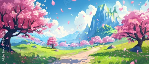 Beautiful summer scenery with pink sakura trees. Modern illustration of a walking path between cherry blossoms, petals flying in the air, flowers in green grass, travel background.