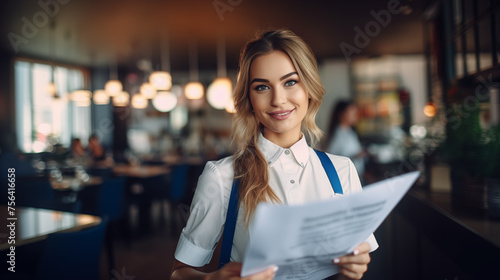 Portrait of a Smiling Waitress and Hostess, Exuding Warmth and Hospitality, Reflecting Professionalism and Friendly Service. Perfect for Restaurant Promotions, Hospitality Industry Materials