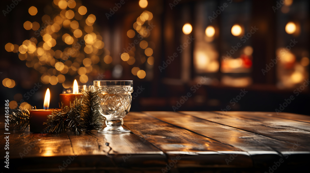 Decorated branches of Christmas tree on wooden table. Copy space, New Year holidays theme.