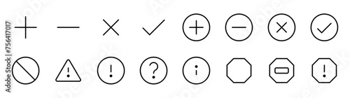 Add, remove, plus and minus, positive and negative, add and delete, caution, stop, tick, right round line icon black. can use in ui ux and mobile app, web site interface. Vector photo