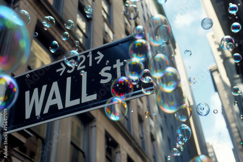 Wall Street sign in a bubble. Stock market financial bubble photo