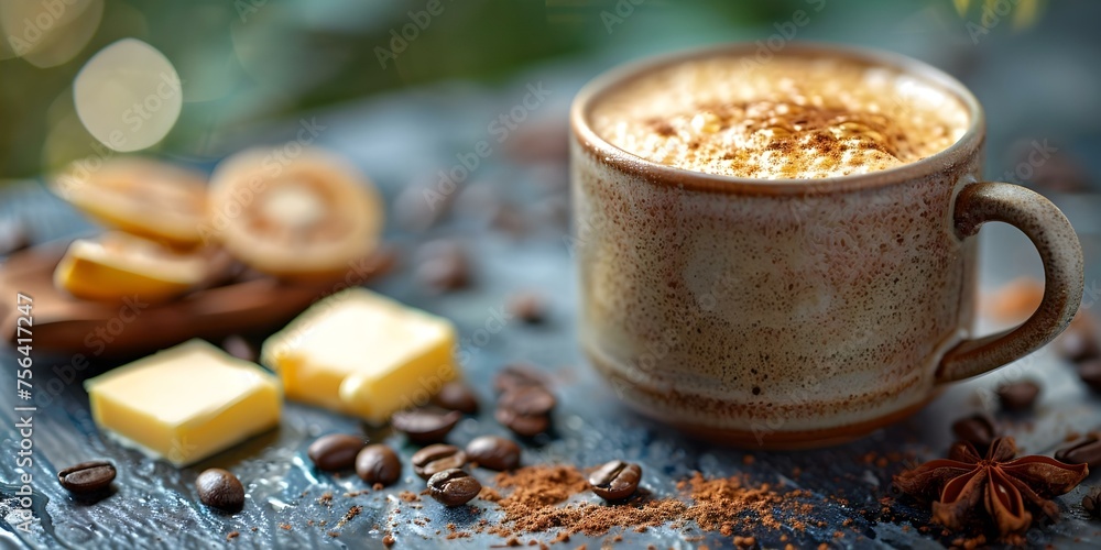Enjoy a rich and creamy bulletproof coffee with organic butter and MCT oil . Concept Describing a creamy bulletproof coffee with organic butter and MCT oil, Enjoy a rich and creamy bulletproof coffee with organic butter and MCT oil . Concept Describing a creamy bulletproof coffee with organic butter and MCT oil,