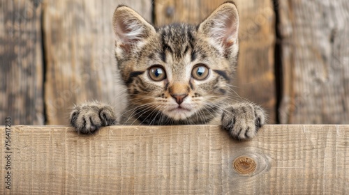 Tabby kitten peeking over beige wooden background, curious cat with paws up on defocused backdrop