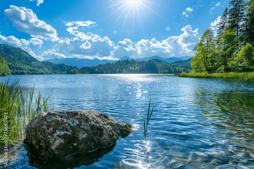 View over lake on sunny day