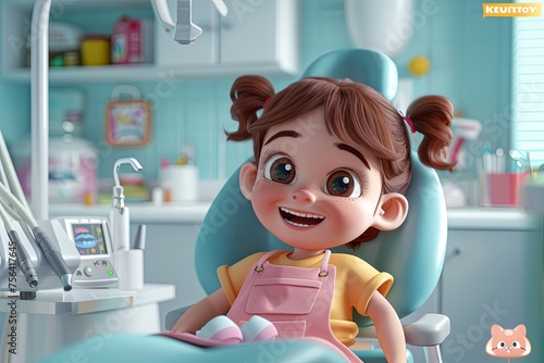 A young female child sits in a dental chair during a check-up or treatment session at a dentists office. photo