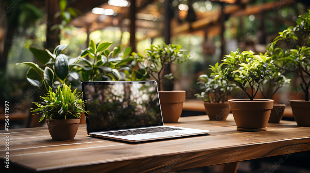 Design office desk with green plants and laptop with mock-up in vintage style. Workspace with window in modern interior. Design office desk with green plants and laptop with mock-up in vintage style. Workspace with window in modern interior.