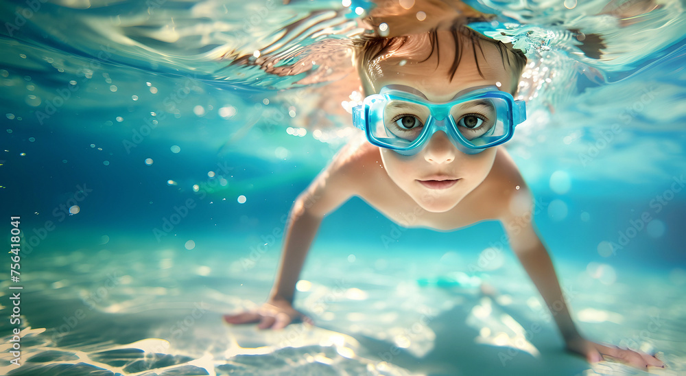 Fototapeta premium Close-up of a child diving in the pool