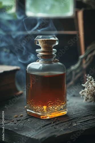 Close-up of a perfume bottle on a table in the interior