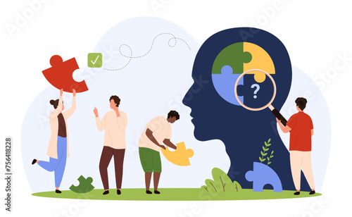Team cooperation and challenge of partnership, brainstorming idea or complex solution. Tiny people building puzzle inside head, study pieces with magnifying glass to fit cartoon vector illustration