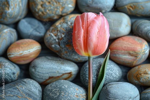 Pink tulip on a stone background.