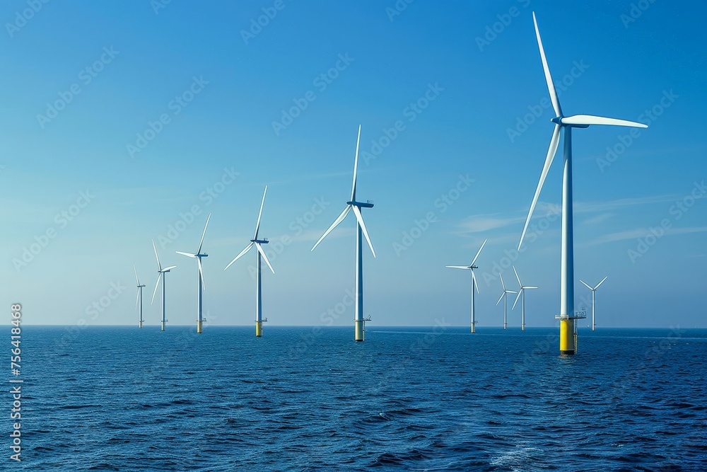 A row of wind turbines are in the ocean