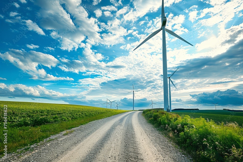 wind turbines stands in the farmland by the road