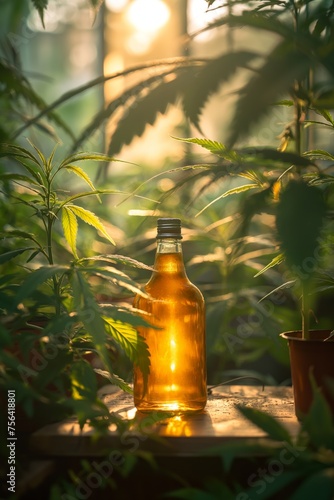 A bottle of cannabis oil is centered amidst a cannabis cultivation setup with lighting above © Darya Lavinskaya