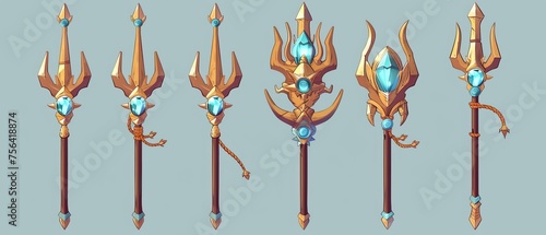 The magical trident of Poseidon or Neptune for game UI design. Handcrafted wooden pitchfork decorated with gem stones. A mythology nautical weapon. Cartoon modern illustration set. photo