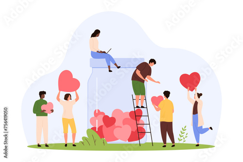 Charity social campaign, generous support and care of international community. Tiny people collect hearts in donation jar, volunteers give love and help, share kindness cartoon vector illustration