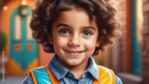 Cute happy hispanic child portrait. Little latin american kid boy smile on rustic sunny ethnic background in Natural Sunlight photo