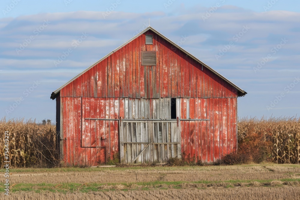 Worn and weathered corn farm barn in the countryside