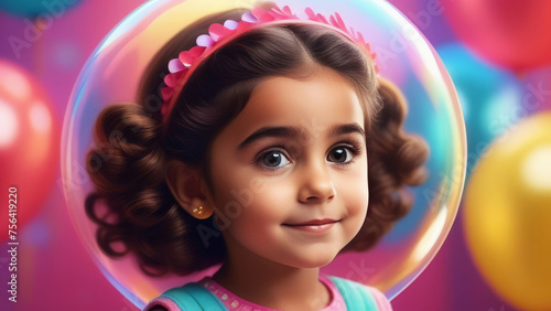 Smiling little hispanic kid girl on colored background. Pop art cartoon style portrait happy cute latin child