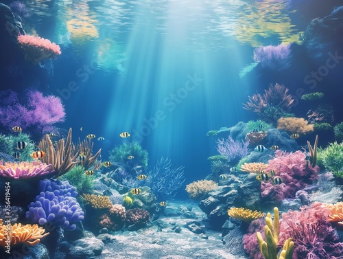 A vibrant coral reef basks in the sun's rays filtering through the ocean's surface, showcasing marine biodiversity.