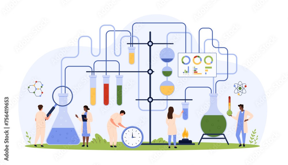 Chemistry laboratory research. Tiny people work on science experiment with glassware test tubes, various flasks and pipes, chemists boiling chemical liquids on burner cartoon vector illustration
