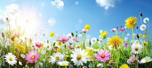 Sunlit meadow with white and pink daisies and yellow dandelions against blue sky for text placement.