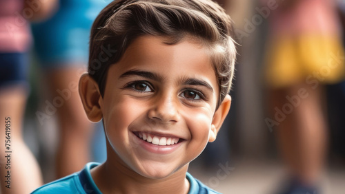 Cute happy hispanic child portrait. Little latin american kid boy smile on rustic sunny ethnic background in Natural Sunlight 
