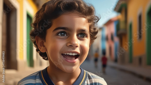 Cute happy hispanic child portrait. Little latin american kid boy smile on rustic sunny ethnic background in Natural Sunlight	 photo