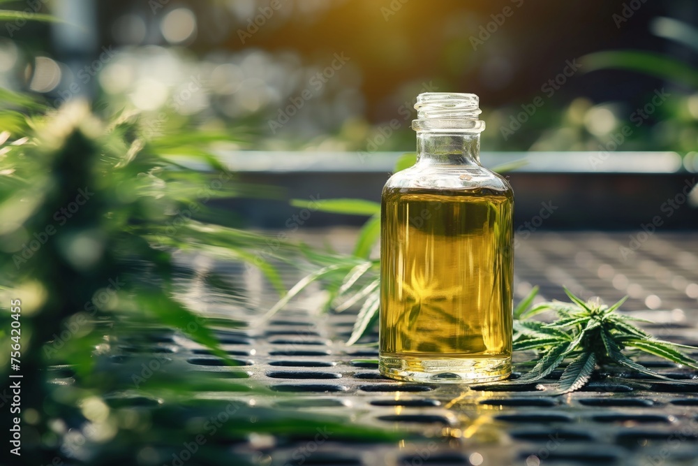 A bottle of cannabis oil is centered amidst a cannabis cultivation setup with lighting above A bottle of cannabis oil is centered amidst a cannabis cultivation setup with lighting above