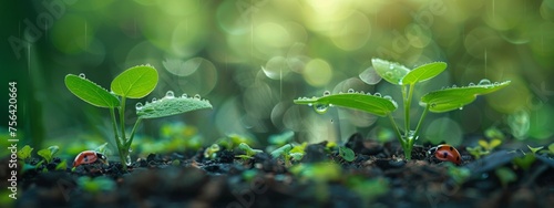 Green plants break ground, minimalist background 