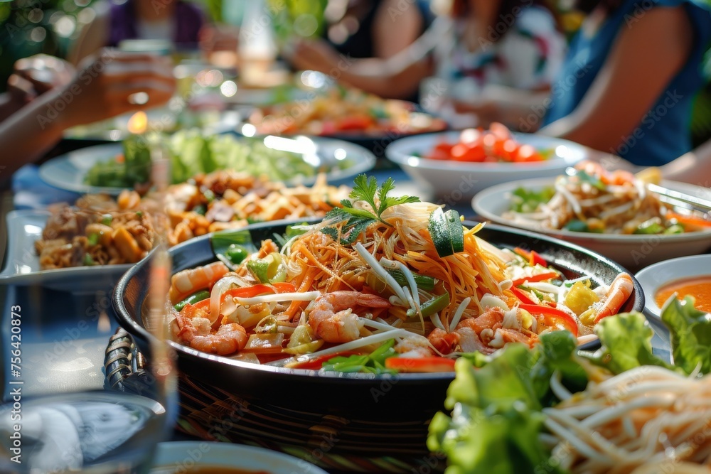 A group of women are sitting around a table with a large salad in the center A group of women are sitting around a table with a large salad in the center