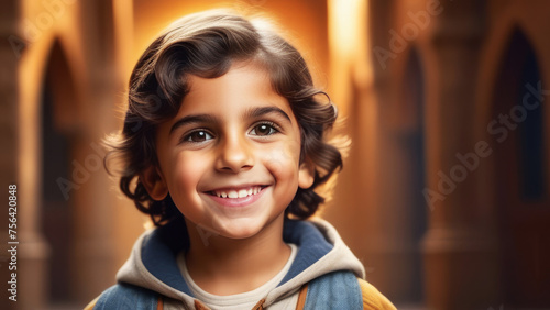 Cute happy hispanic child portrait. Little latin american kid boy smile on rustic sunny ethnic background in Natural Sunlight	 photo