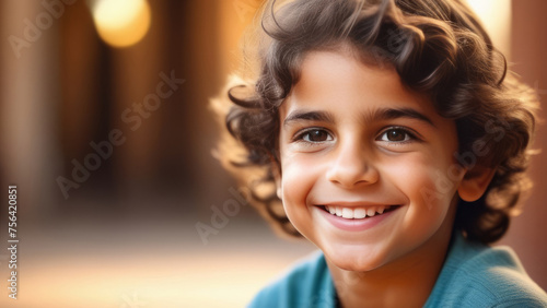 Cute happy hispanic child portrait. Little latin american kid boy smile on rustic sunny ethnic background in Natural Sunlight	 photo