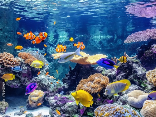 A lively underwater scene in a coral reef aquarium with colorful fish and corals.