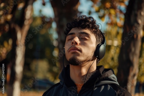 Portrait of sportsman in park, hispanic man jogging in park with eyes closed breathing fresh air and resting, jogging with headphones listening to music and online radio and podcasts, Generative AI